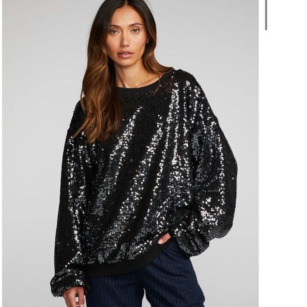 CHASER Cotton Fleece Allover Sequin Crewneck Pullover Size SMALL Oversized NWT